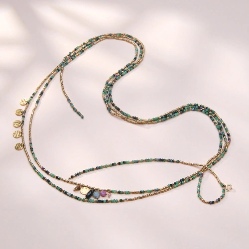 Naszyjnik ze złotych koralików i spineli w zieleni i granacie. ZIELONE FALE