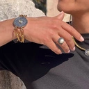 Pozłacany pierścień z perłą i diamentowymi łańcuszkami. UMBRIA BIANCO