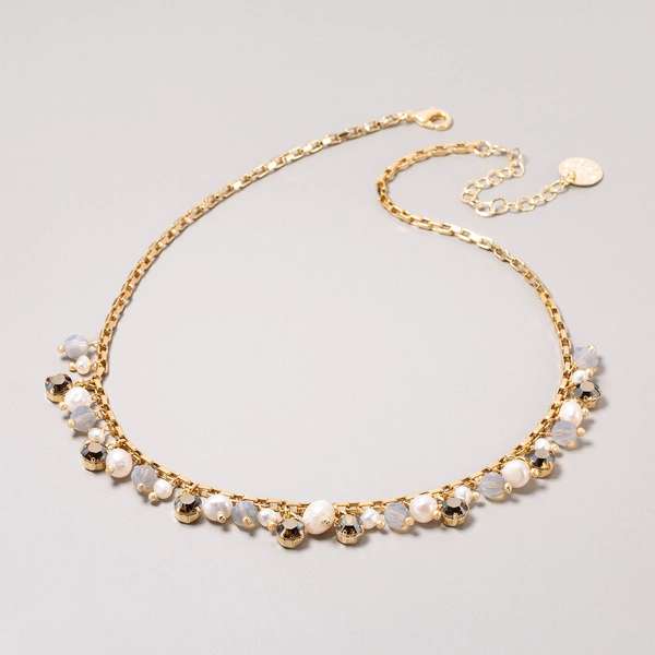 Złocony naszyjnik z perłami, koralikami i kryształkami. ZABAWA DO ŚWITU