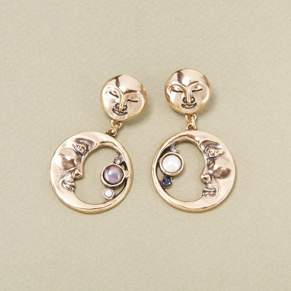 Kolczyki wiszące wkrętki koła z półksiężyców z perłą. SŁODKA NOC