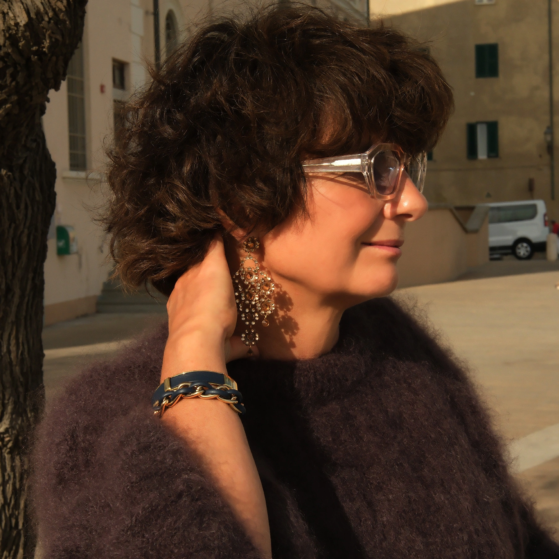 Złocona bransoletka łańcuch z granatowym rzemykiem. ELEMENTO MARINO