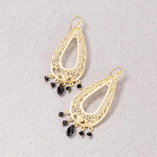 Ażurowe złote kolczyki łezki z czarnymi kryształkami. MÓJ CZAS