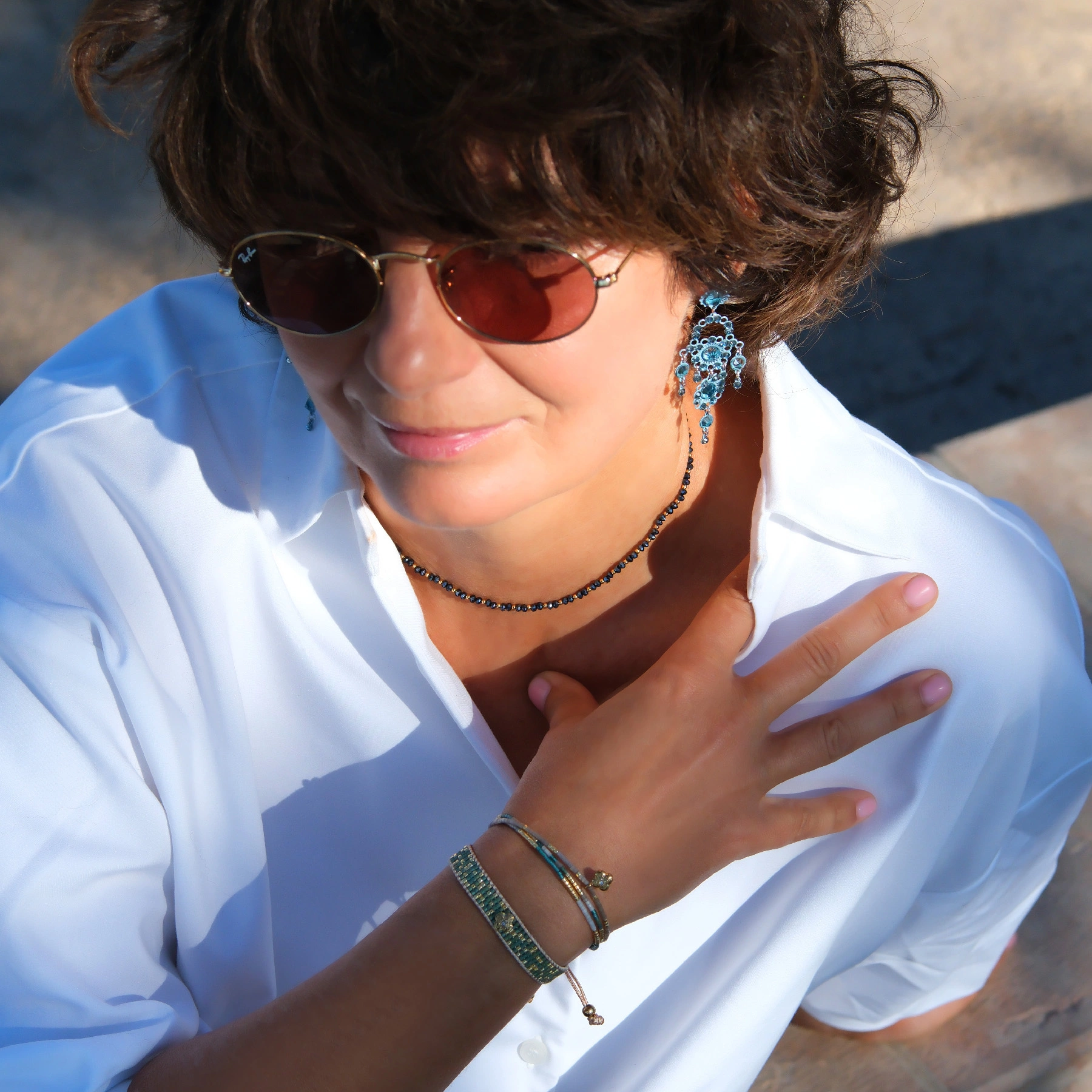 Kolczyki z rozetą i kwiatkami z kryształami w kolorze błękitu. PROSECCO VENETO