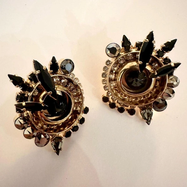 Złocone kolczyki z czarnymi hematytami i kryształami. DWA SŁOŃCA