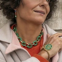 Złota bransoletka łańcuch z zielonym medalionem. DESZCZOWY LAS