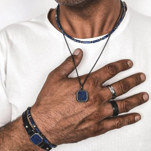 Naszyjnik męski z onyksów, sodalitów i srebrnych hematytów. WEWNĘTRZNA SIŁA