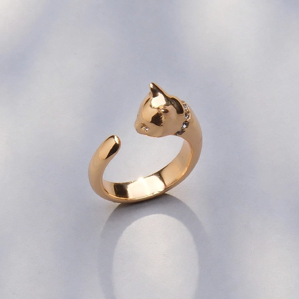 Otwarty pozłacany pierścionek z głową kotki. MOJA KICIA