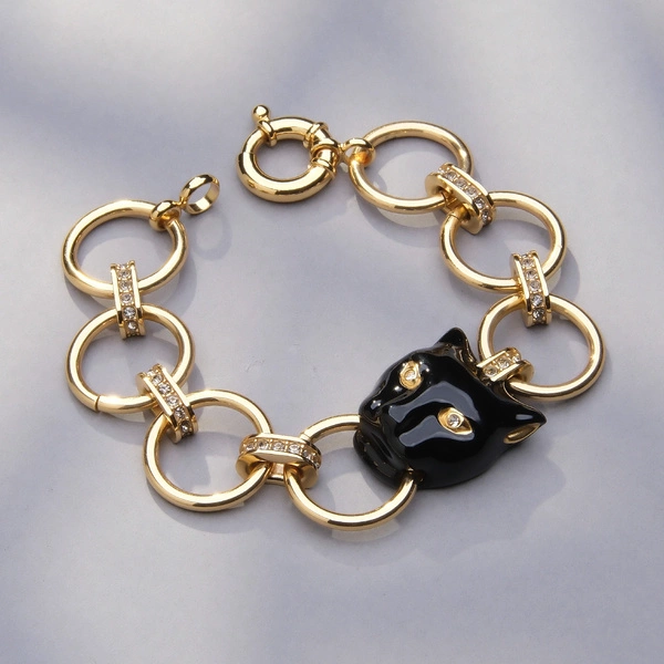 Złocona bransoletka z głową czarnej pantery z cyrkoniami. KOBIETA KOT