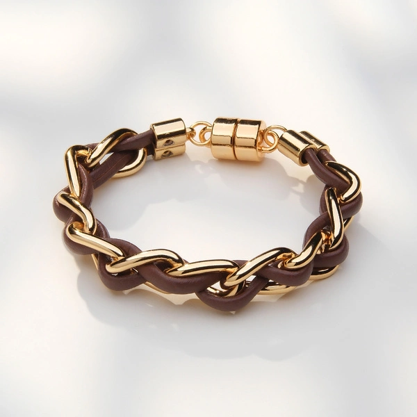 Złocona bransoletka łańcuch z brązowym rzemykiem. TAKA NATURA