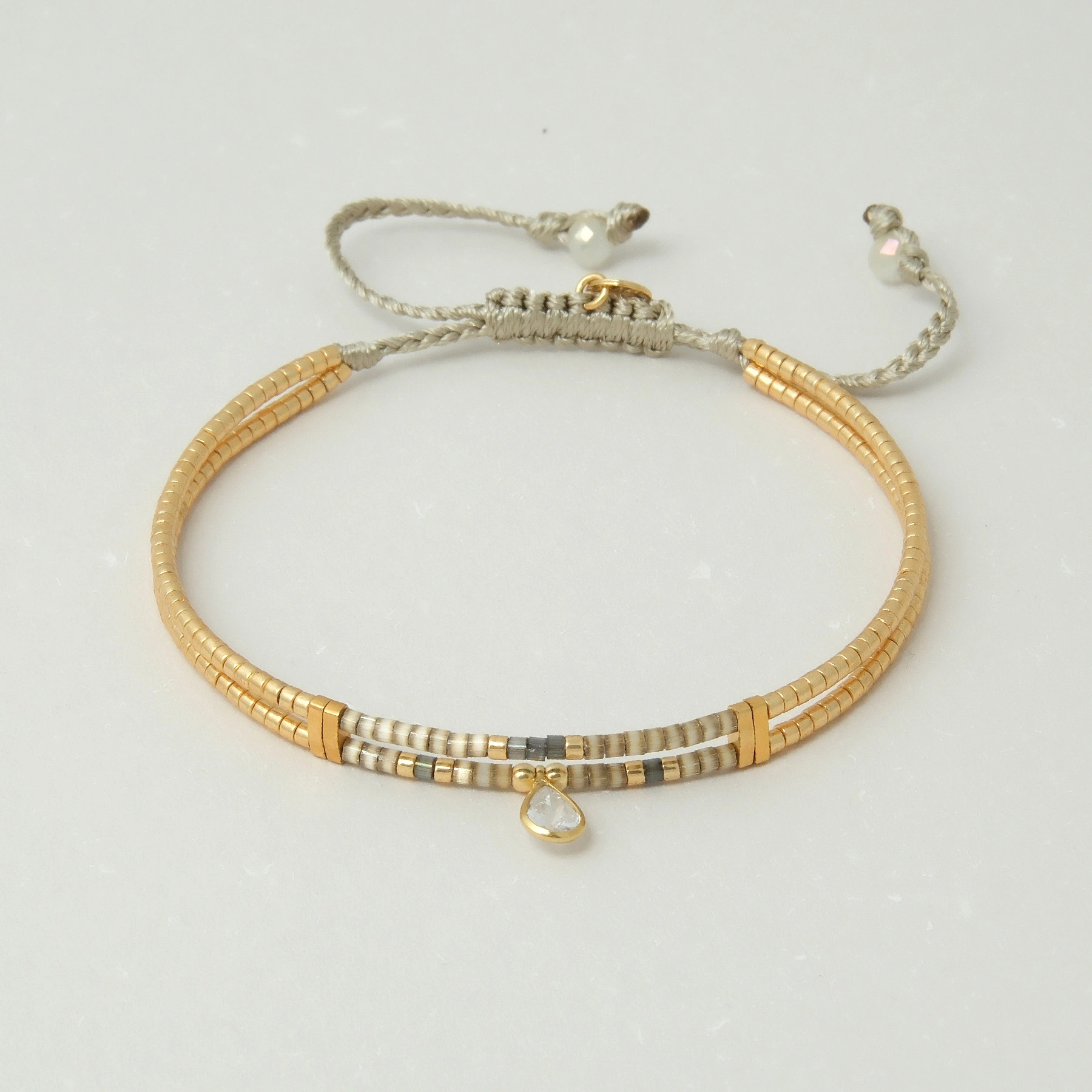 Dwurzędowa bransoletka z paciorków Miyuki z cyrkonią. SŁODKI MIÓD