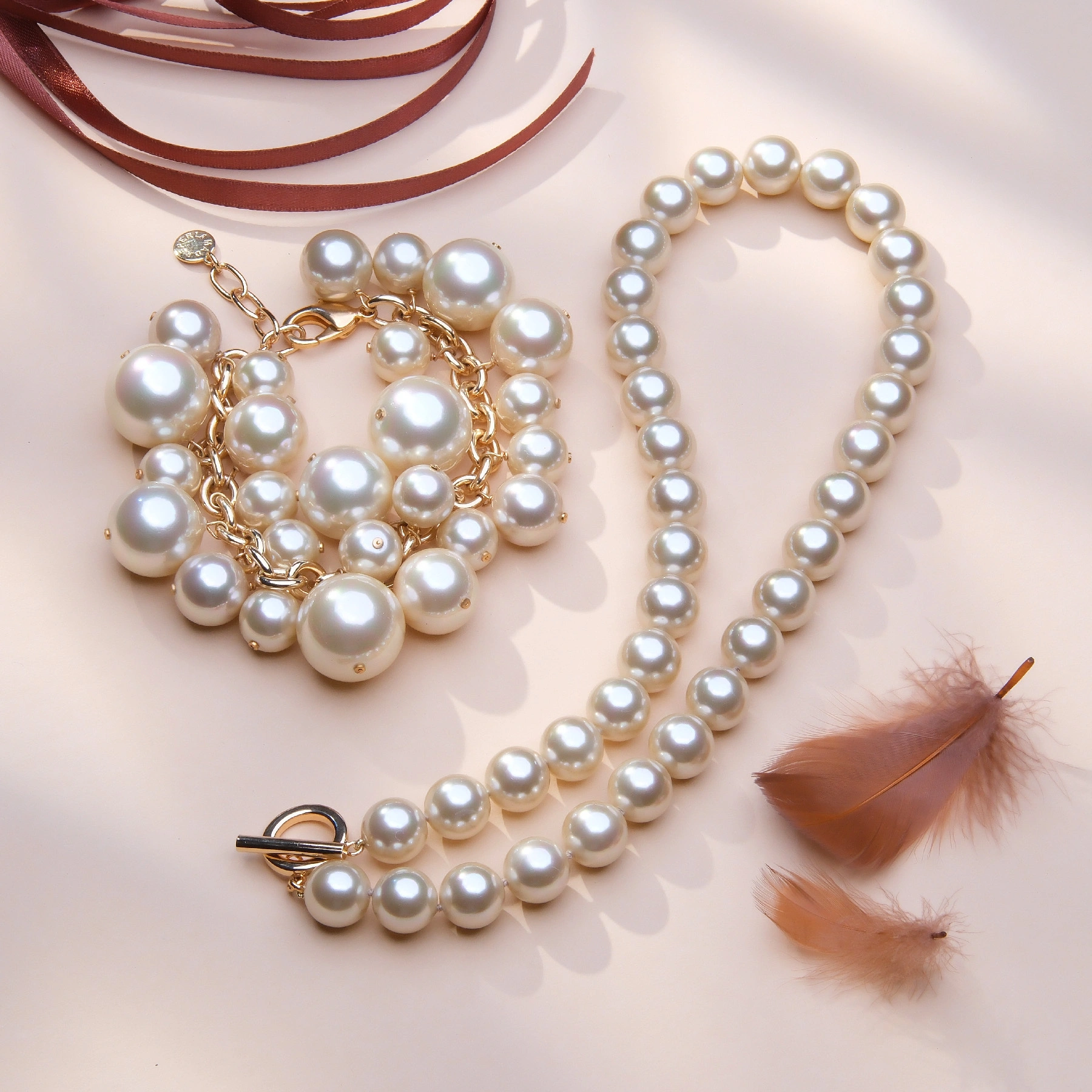 Zestaw naszyjnik i bransoletka z pereł w kolorze szampana. MODA NAD WSZYSTKO