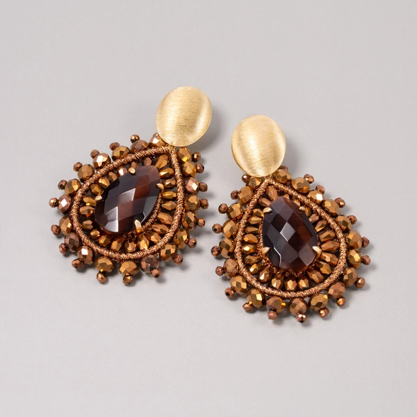Złocone kolczyki w kształcie kroplli z brązowym kwarcem. LIKIER MIŁOŚCI