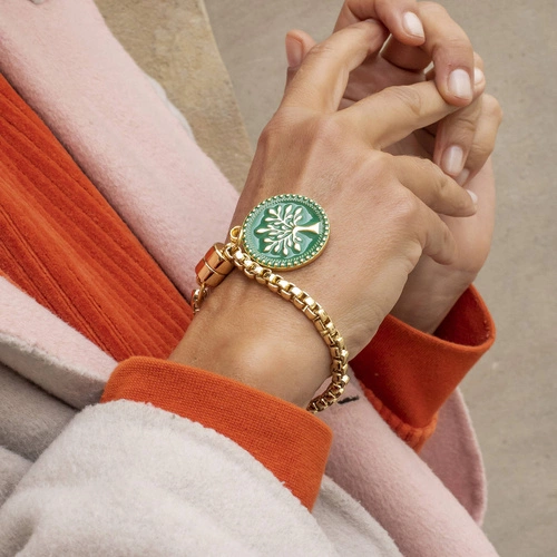 Złota bransoletka łańcuch z zielonym medalionem. DESZCZOWY LAS