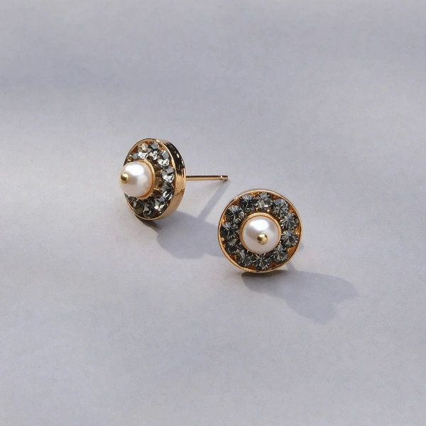 Małe złocone kolczyki z perłą i szarymi kryształkami. KRYSZTAŁ