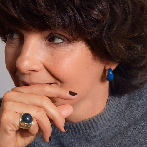 Złocone kolczyki okręgi z kobaltowym dekorem z emalii. NOC NAD TOSKANIĄ