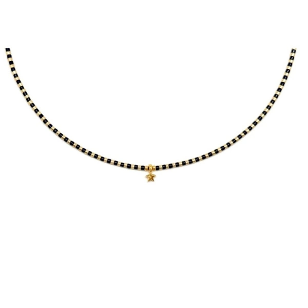 Naszyjnik z czarnych i złoconych koralików z gwiazdką. LA ESTRELLA DEL LEON