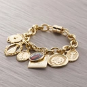 Złota bransoletka łańcuch z siedmioma zawieszkami. MIŁO BRZĘCZĄ