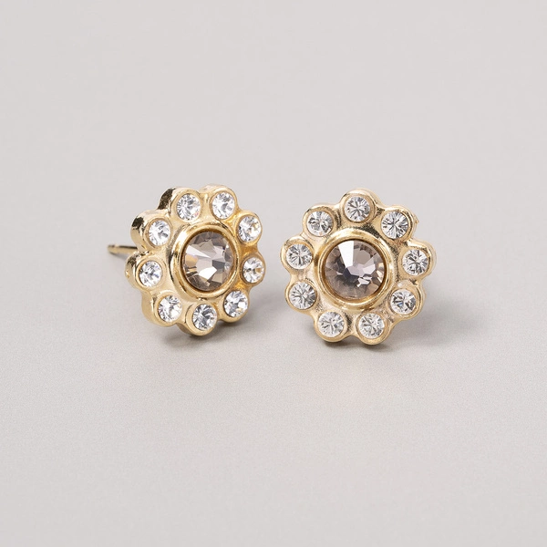 Złocone kolczyki kwiaty z perłami i szarym kryształem. FANFAN TULIPAN