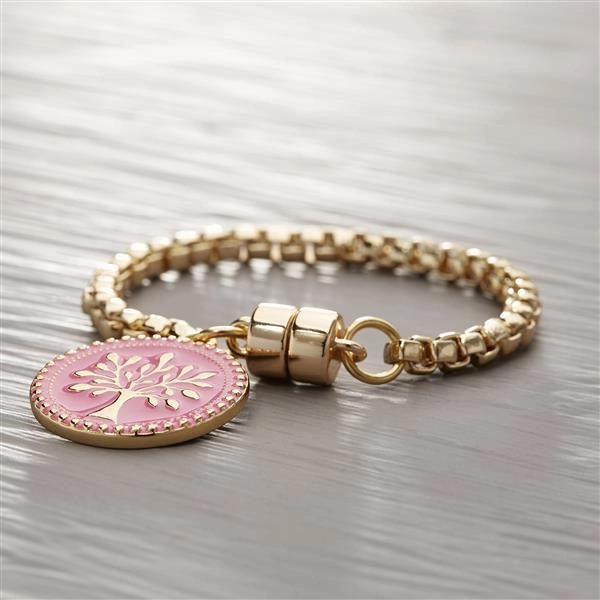 Złocona bransoletka z różową zawieszką z drzewem. RÓŻOWY SAD