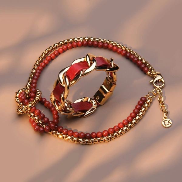 Zestaw bransoletka i naszyjnik w złocie i cabernet. ARTYSTYCZNA DUSZA
