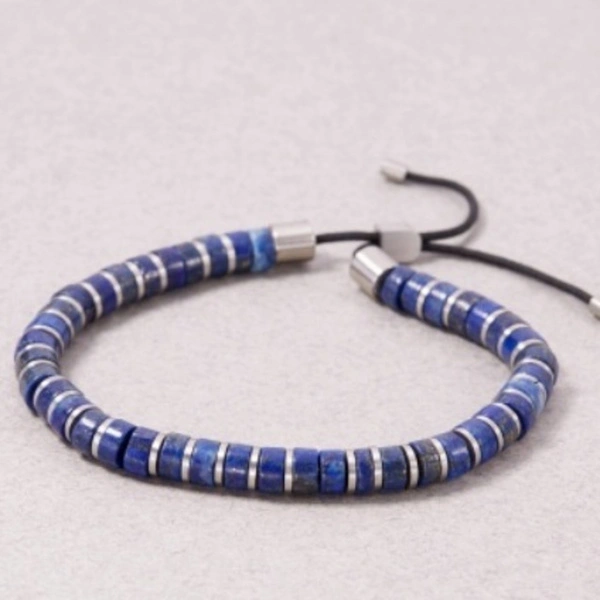 Bransoletka męska ze stali i koralików lapis lazuli. 