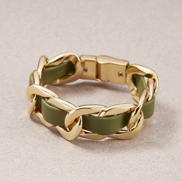Bransoletka łańcuch z oliwkowym paskiem z ekoskóry. PAS ZIELENI