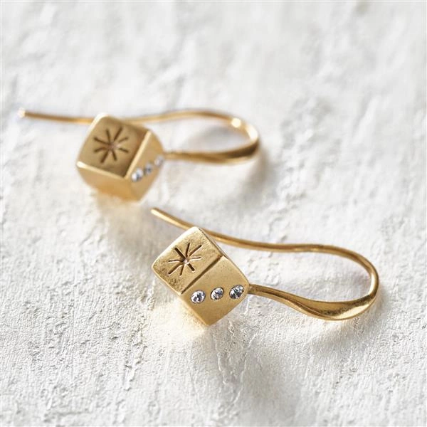 Wiszące złote kolczyki kostki do gry z kryształkami. TRZY OCZKA