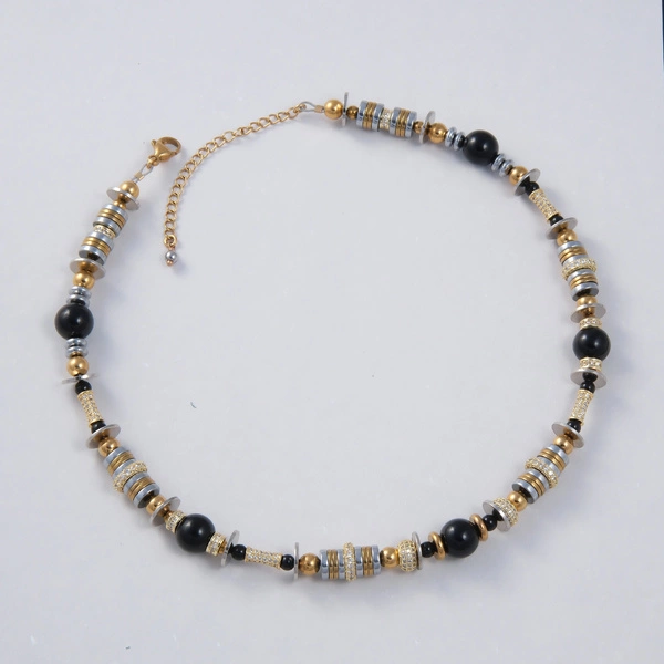 Złocony i srebrzony naszyjnik z czarnymi obsydianami. PIĘĆ LITER JAK PARYŻ