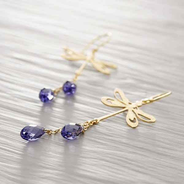 Pozłacane kolczyki wiszące z ważkami i kryształkami. SOCZYSTE LATO