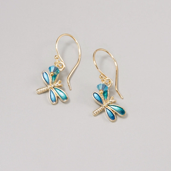 Delikatne kolczyki z niebiesko-zielonymi ważkami. KOPENHAGA
