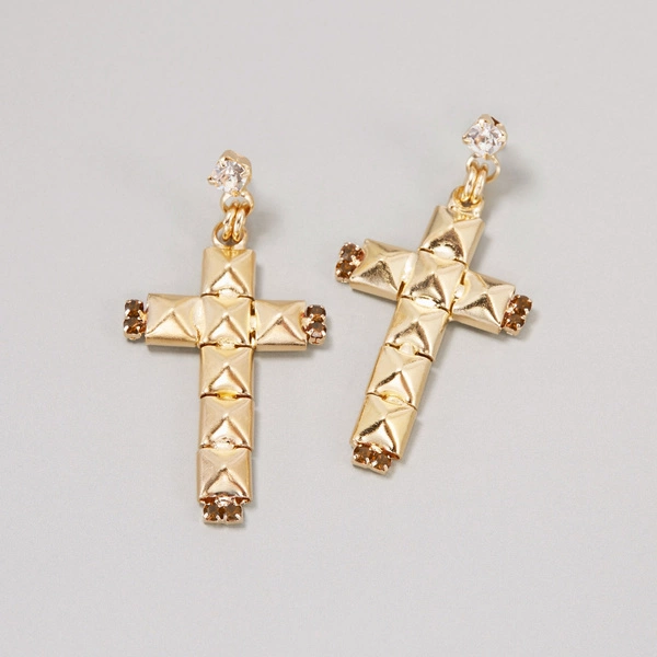 Pozłacane kolczyki krzyże z brązowymi kryształkami. BRĄZOWE KRYSZTAŁY