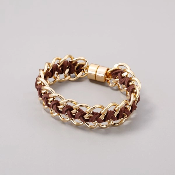 Pozłacana bransoletka z cienkim brązowym rzemykiem. SPLOT ZDARZEŃ