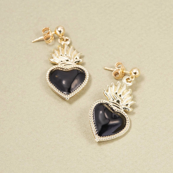 Wiszące kolczyki serca wotywne w wersji czarno złotej. MIŁOSNA EKSTAZA