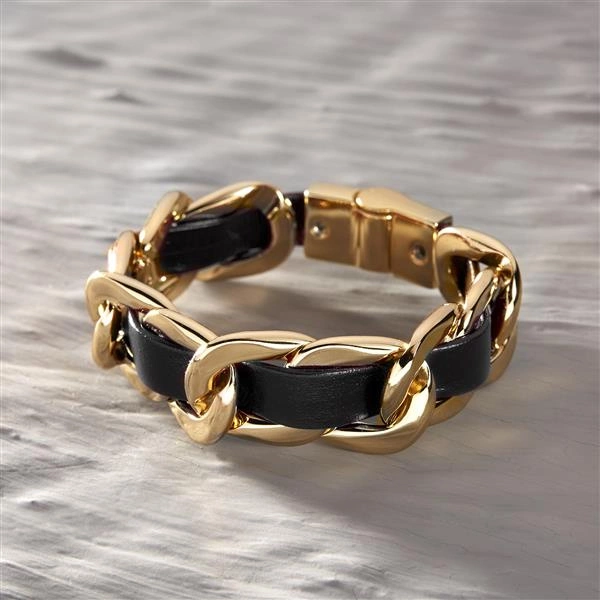 Złota bransoletka łańcuch z paskiem z czarnej ekoskóry. NOC