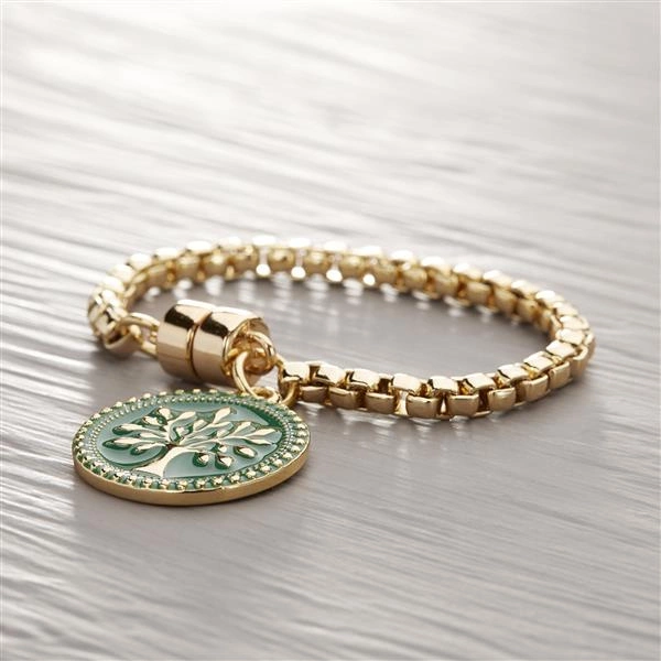 Złota bransoletka łańcuch z zielonym medalionem. DESZCZOWY LAS