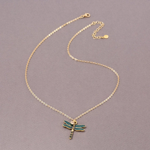 Pozłacany naszyjnik z zieloną ważką i kryształkiem. SZMARAGDOWY LOT