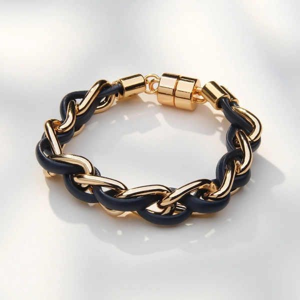 Złocona bransoletka łańcuch z granatowym rzemykiem. ELEMENTO MARINO 