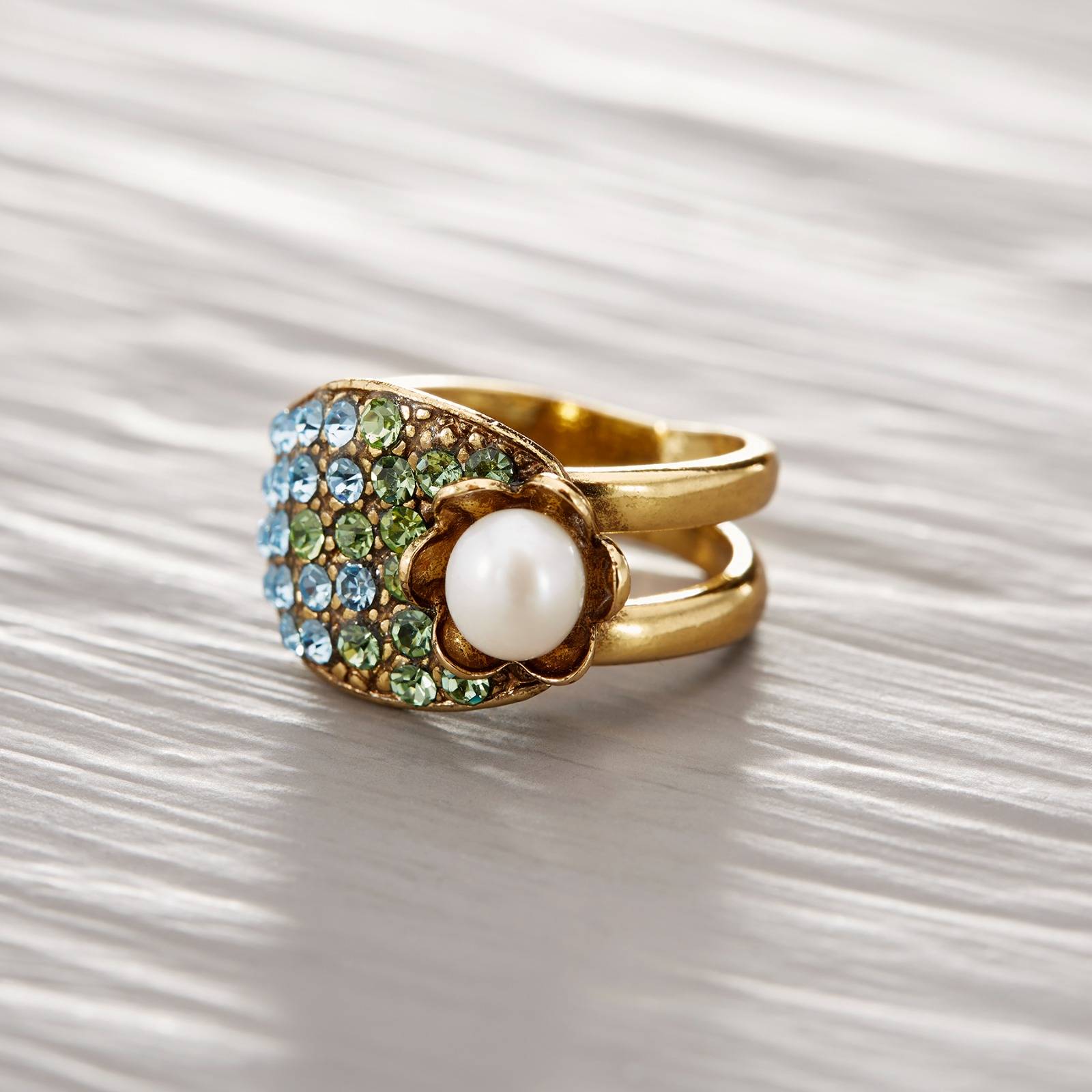 Artystyczny pierścionek z kryształkami i perłą. MOJA PIĘKNA